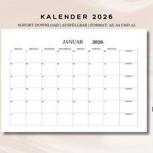 May include: A white printable calendar for January 2026, with the word "JANUAR" at the top. The calendar grid is black, with days of the week across the top. The text "KALENDER 2026" is at the top.