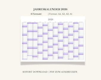 Printable 2026 calendar | 2026 wall calendar (A4, A3, A2, A1) | Landscape format / German 2026 planner