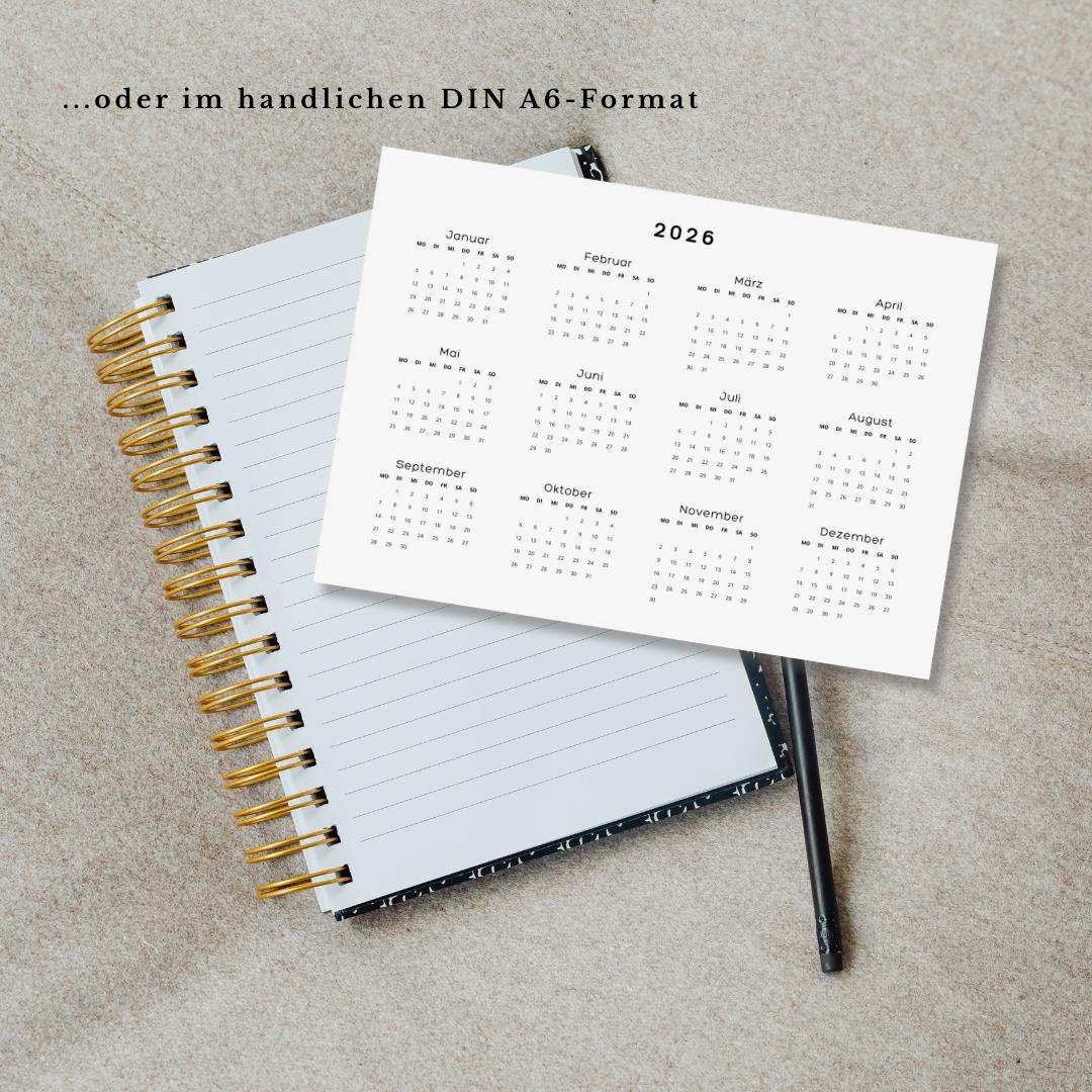 Jahreskalender 2026 zum Ausdrucken auf einer Seite | Digitaler Download