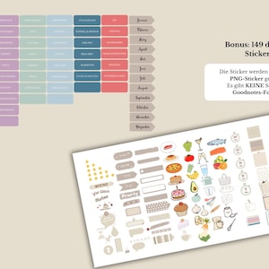 May include: Digital planner stickers and tabs in pastel colours. The image includes monthly tabs, a bonus set of 149 digital stickers, and text in German. The stickers feature various icons, including food, stars, and labels.