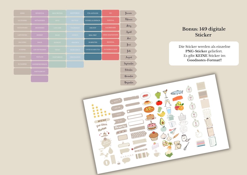 May include: Digital planner stickers and tabs in pastel colours. The image includes monthly tabs, a bonus set of 149 digital stickers, and text in German. The stickers feature various icons, including food, stars, and labels.