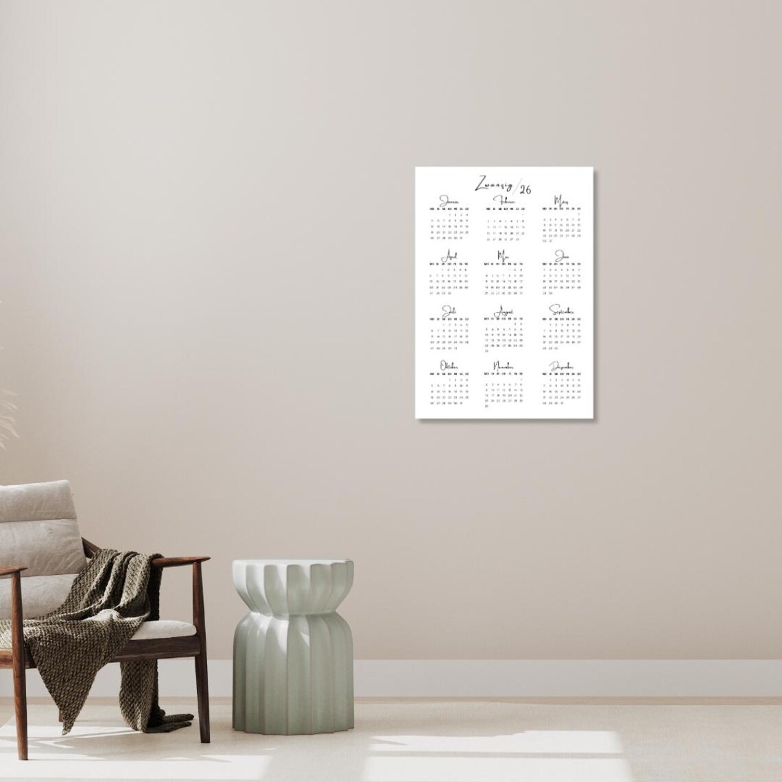 Jahreskalender 2026 zum Ausdrucken auf einer Seite | Digitaler Download