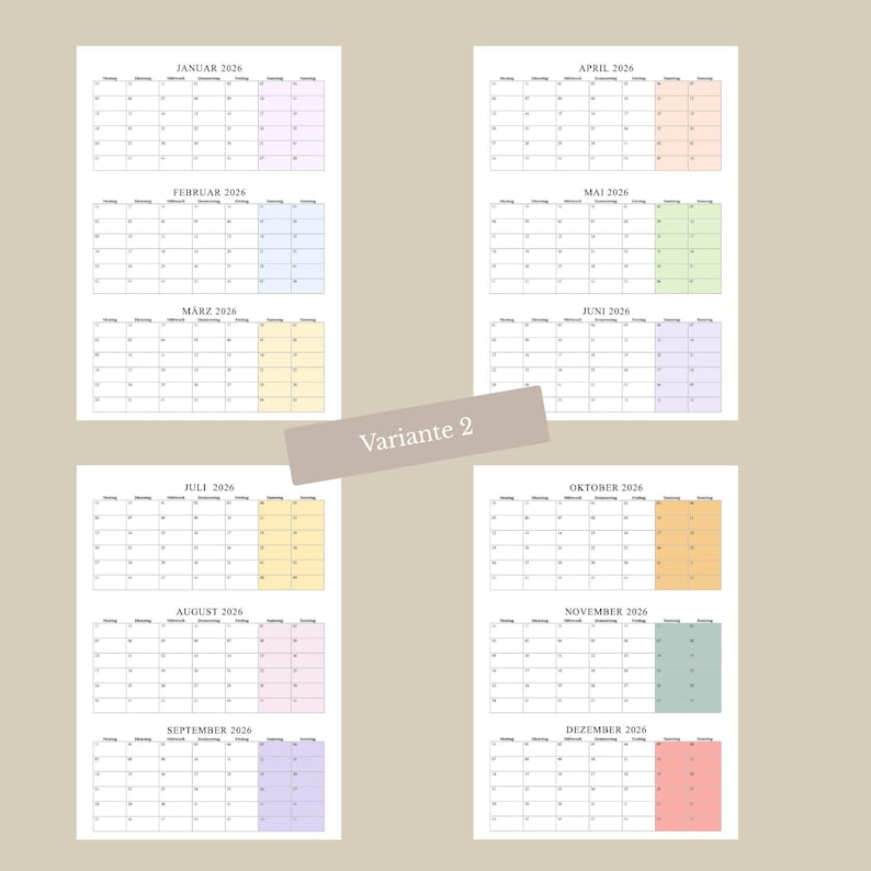 Kalender 2026 zum Ausdrucken – PDF Quartalskalender zum Sofort-Download