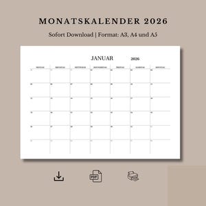 Könnte beinhalten: Ein druckbarer Kalender für Januar 2026. Der Kalender ist in deutscher Sprache und die Wochentage sind auf Deutsch aufgeführt. Der Kalender ist in einem einfachen, minimalistischen Stil gehalten.