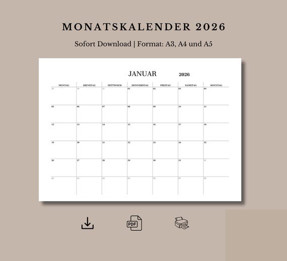 Kalender 2026 zum Ausdrucken – PDF Monatskalender zum Sofort-Download, A3, A4 und A5, Deutsch, Wandkalender 2026