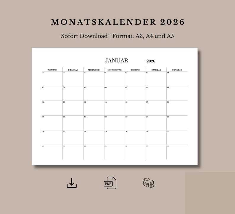 Monatsplaner, Monatskalender 2026 selbst ausdrucken deutsch
