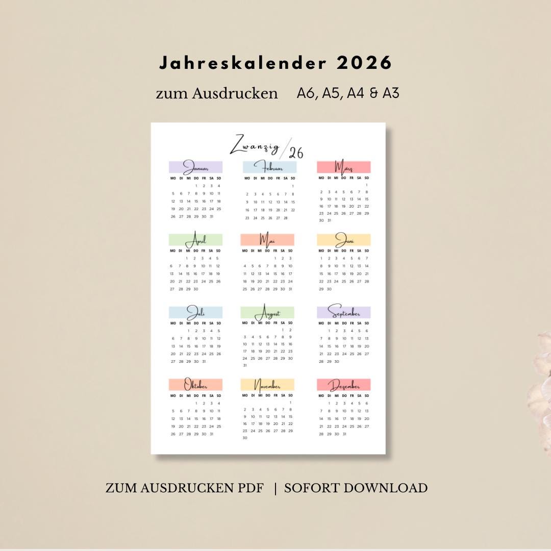 Jahreskalender 2026 zum Ausdrucken auf einer Seite -bunt | Digitaler