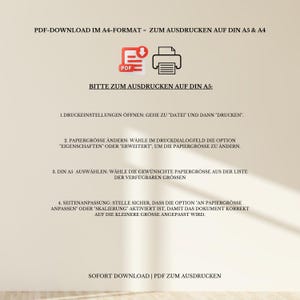 Op de afbeelding: Een witte achtergrond met zwarte tekst die uitlegt hoe je een PDF-document op A5-papier kunt afdrukken. De tekst bevat instructies over hoe je de papiergrootte in het afdrukdialoogvenster kunt wijzigen. De tekst bevat ook de woorden "PDF-Download" en "Sofort Download".