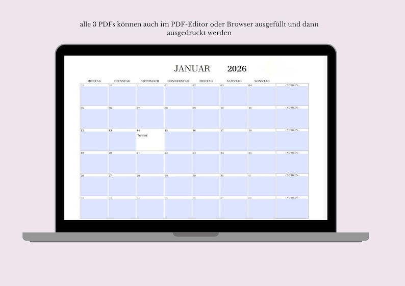 Kalender 2026 zum Ausdrucken, PDF ausfüllbar, A5, A4 und A3 Querformat