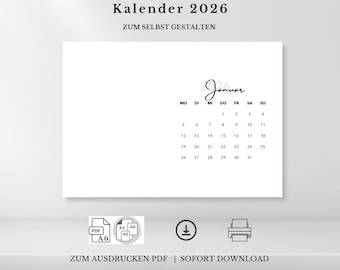 2026 Calendar for Printing and Customizing | Digital Download | PDF in DIN A6, A5, A4, A3 Landscape Format | German
