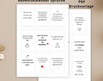Puede incluir: Un PDF imprimible con frases del calendario de Adviento en alemán. Las tarjetas presentan varias citas e ilustraciones, incluyendo un pingüino, un oso de peluche y corazones. El texto incluye frases como "Las pequeñas alegrías hacen grandes días."