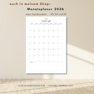 May include: A black and white printable calendar for the year 2026. The calendar is for the month of January and is labeled "Monatsplaner 2026" and "zum Ausdrucken A5, A4 und A3".
