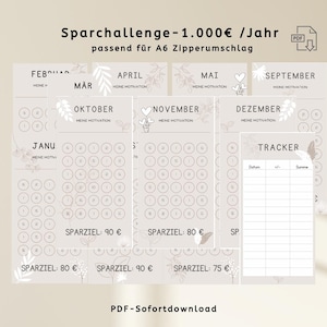 Può includere: Una sfida di risparmio stampabile beige con il testo "Sparchallenge-1.000€ /Jahr" e "passend für A6 Zipperumschlag". Include tracker mensili, un tracker e il testo "PDF-Sofortdownload".