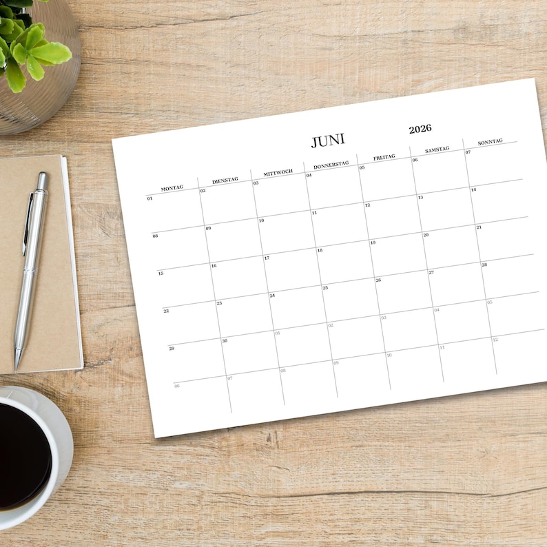 May include: A blank calendar for June 2026 with the days of the week labeled in German. The calendar is printed on white paper and has a simple design.