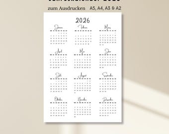 2026 Printable Calendar (One Page) | Digital Download | PDF in DIN A5, A4, A3 and A2 Portrait Format | German