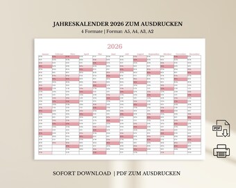 Printable 2026 calendar | 2026 wall calendar (A5, A4, A3, A2) | Landscape format / German 2026 planner