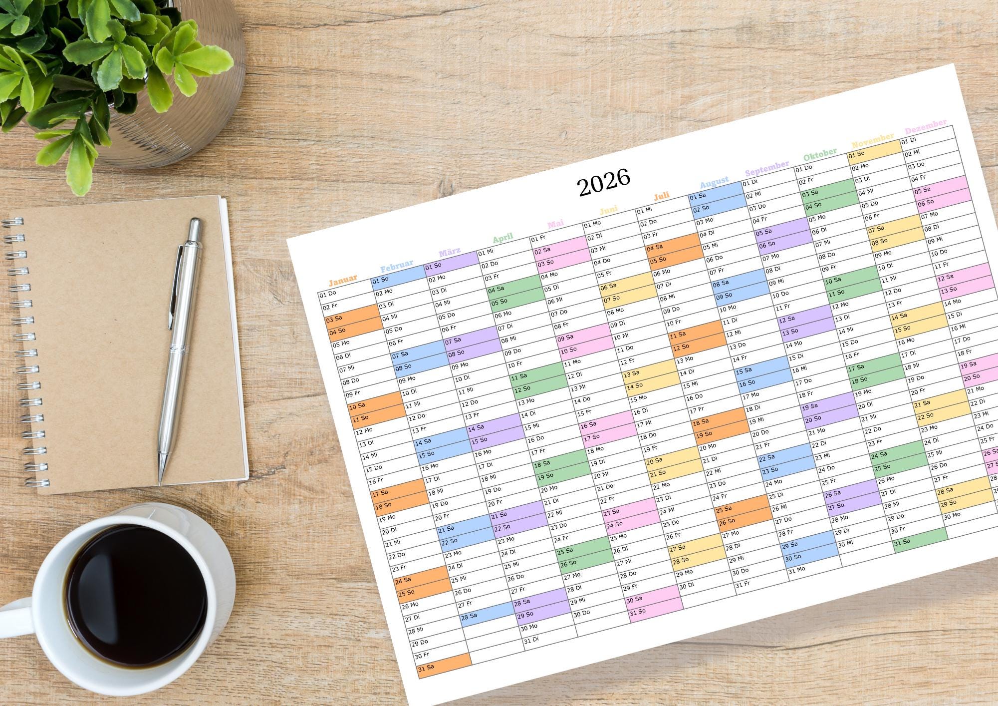 Jahreskalender 2026 zum Ausdrucken | Kalender 2026 Wandkalender A4, A3
