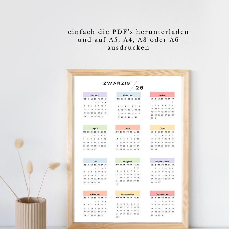 Jahreskalender 2026 zum Ausdrucken auf einer Seite -bunt | Digitaler
