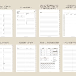 May include: A set of printable planner pages in black and white. The pages include sections for recipes, meal planning, shopping lists, kitchen inventory, cooking measurements, and notes. The text on the pages is in German.