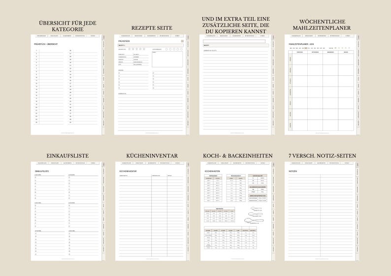 May include: A set of printable planner pages in black and white. The pages include sections for recipes, meal planning, shopping lists, kitchen inventory, cooking measurements, and notes. The text on the pages is in German.