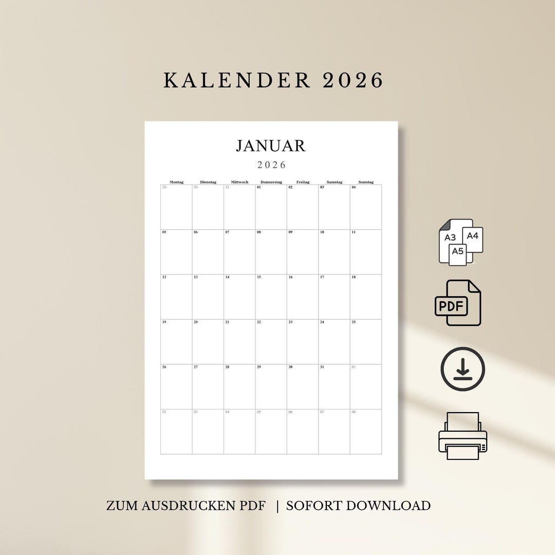 Kalender 2026 zum Ausdrucken – PDF Monatskalender zum Sofort-Download