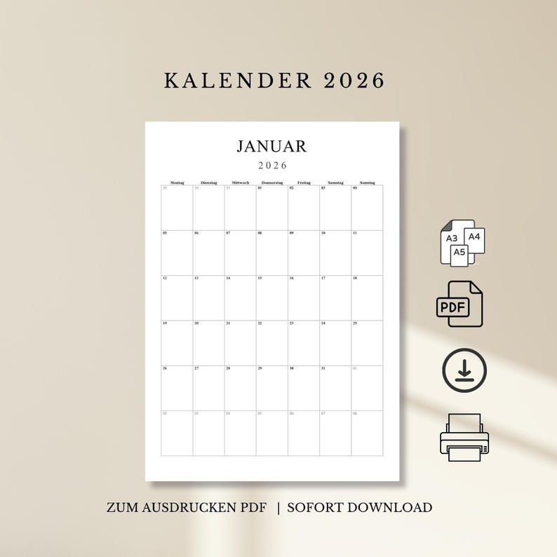 Kalender 2026 zum Ausdrucken – PDF Monatskalender zum Sofort-Download