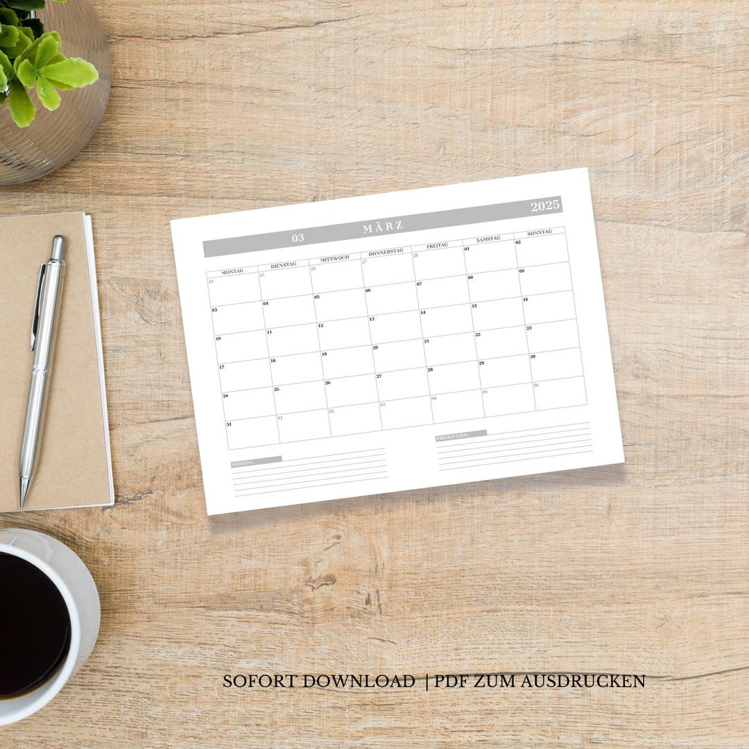 Kalender 2025 zum Ausdrucken, PDF A5, A4, A3 und A2 Querformat, Digital