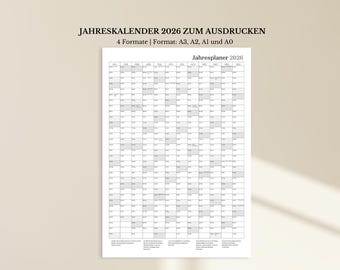 Printable 2026 calendar | 2026 wall calendar in A3, A2, A1 and A0 sizes | Portrait format / German 2026 planner
