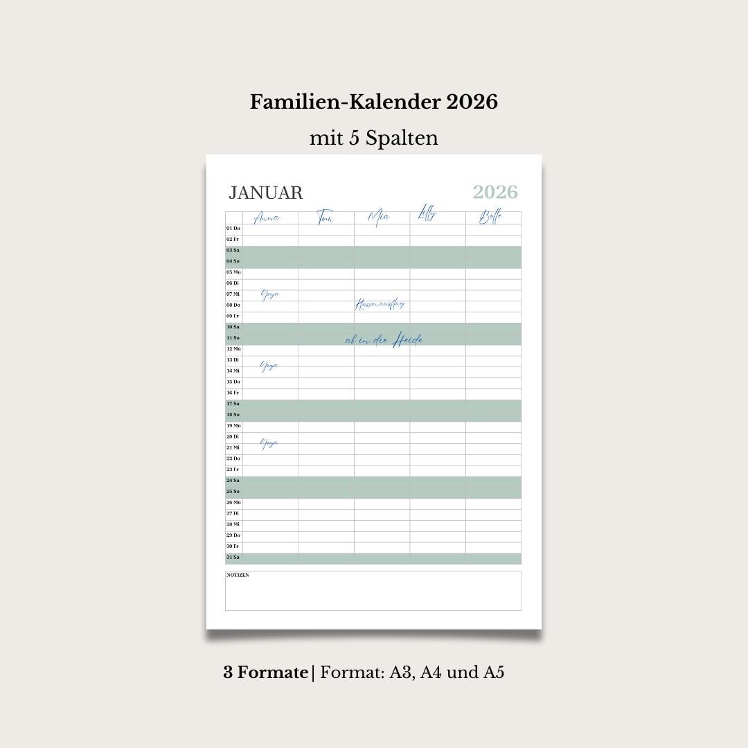 Familienplaner 2026 Familienkalender 2026 zum Ausdrucken , mit 5