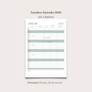 May include: A white family calendar for 2026 with the month of January displayed. The calendar has a grid layout with five columns and includes the text "Familien-Kalender 2026 mit 5 Spalten" and "3 Formate | Format: A3, A4 und A5".