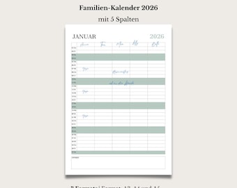 Family Planner 2026, Printable Family Calendar 2026, with 5 columns, portrait format A5, A4 and A3, PDF German Digital Download