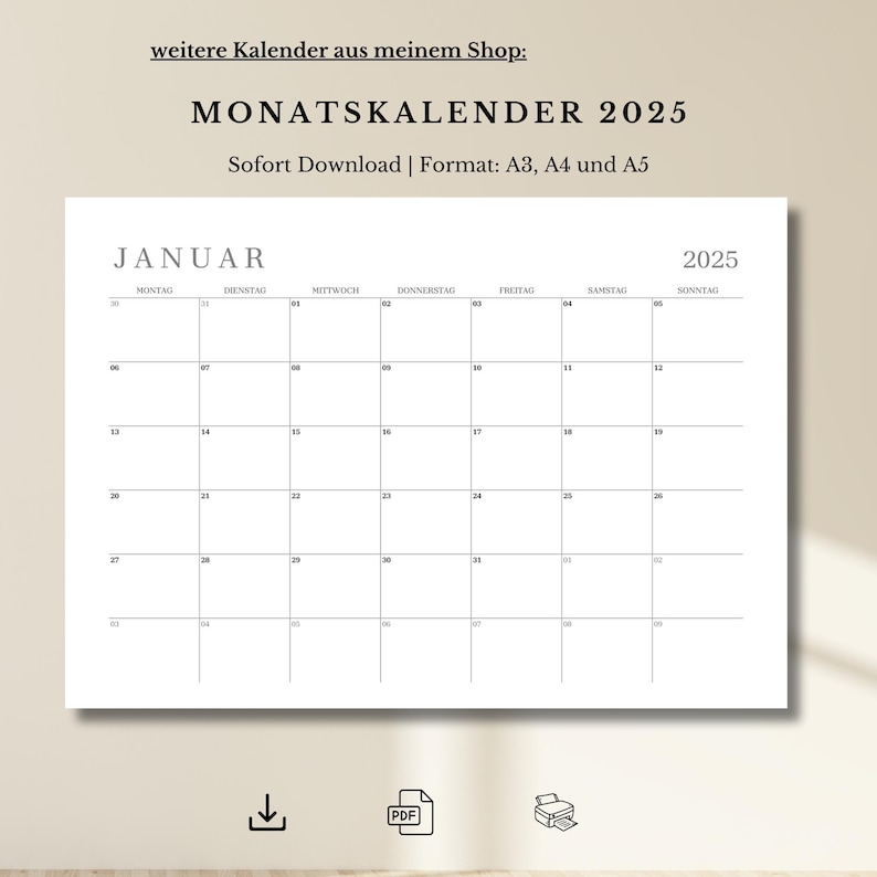 Kalender 2025 zum Ausdrucken, PDF ausfüllbar, A5, A4 und A3 Querformat
