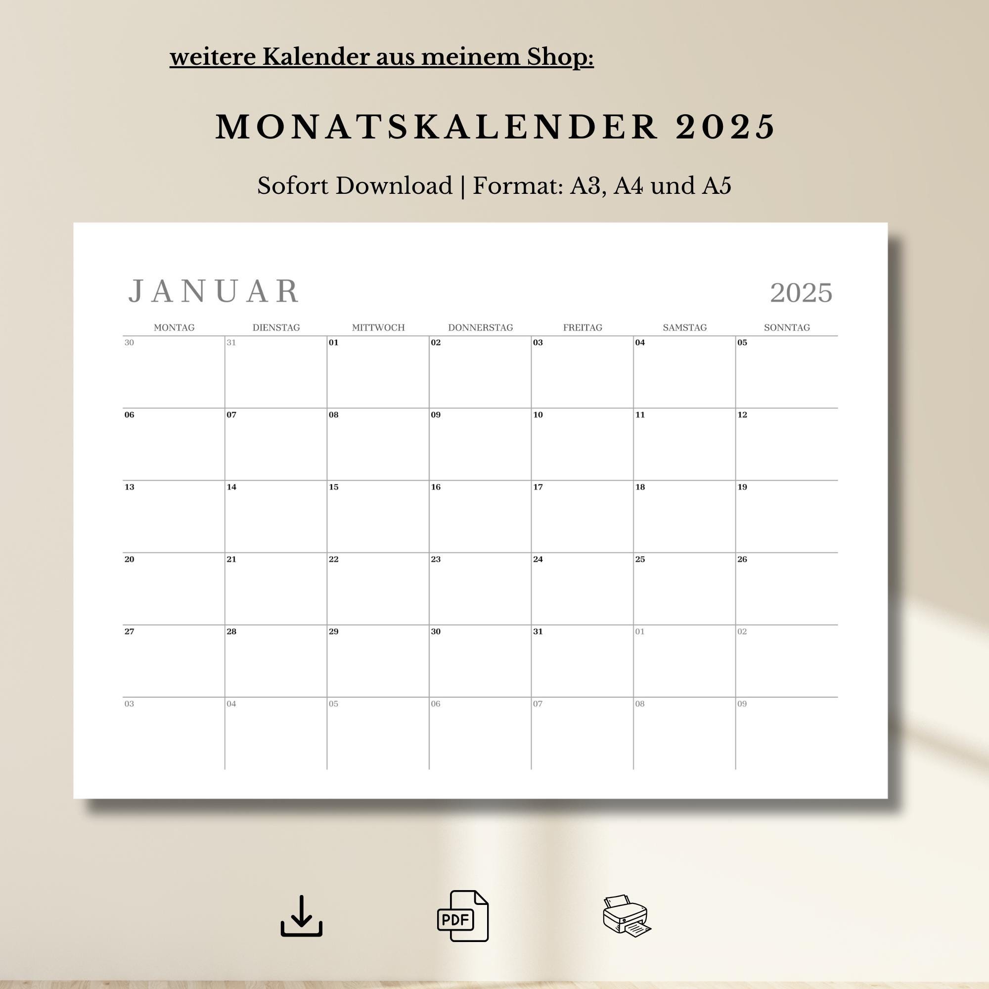 Kalender 2025 zum Ausdrucken, PDF ausfüllbar, A5, A4 und A3 Querformat