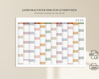 Printable 2026 calendar | 2026 wall calendar (A5, A4, A3, A2) | Landscape format / German 2026 planner