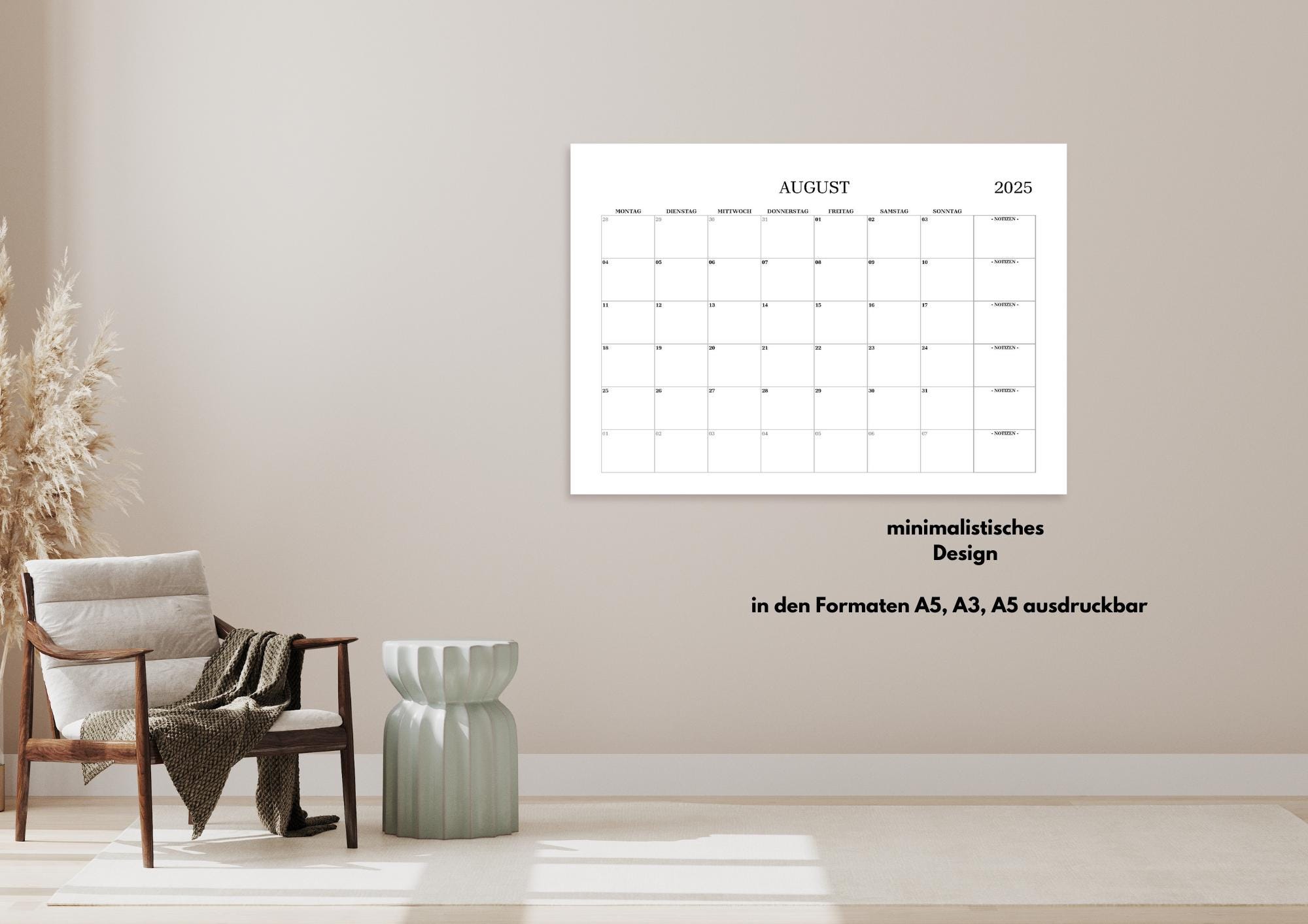 Kalender 2025 zum Ausdrucken, PDF ausfüllbar, A5, A4 und A3 Querformat