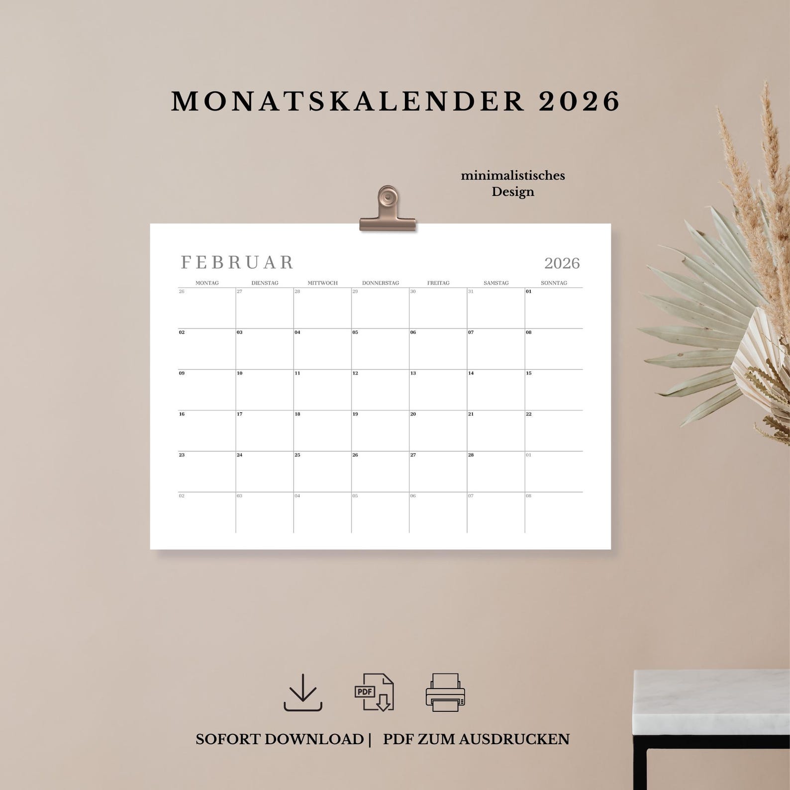 Kalender 2026 zum Ausdrucken – PDF Monatskalender zum Sofort-Download