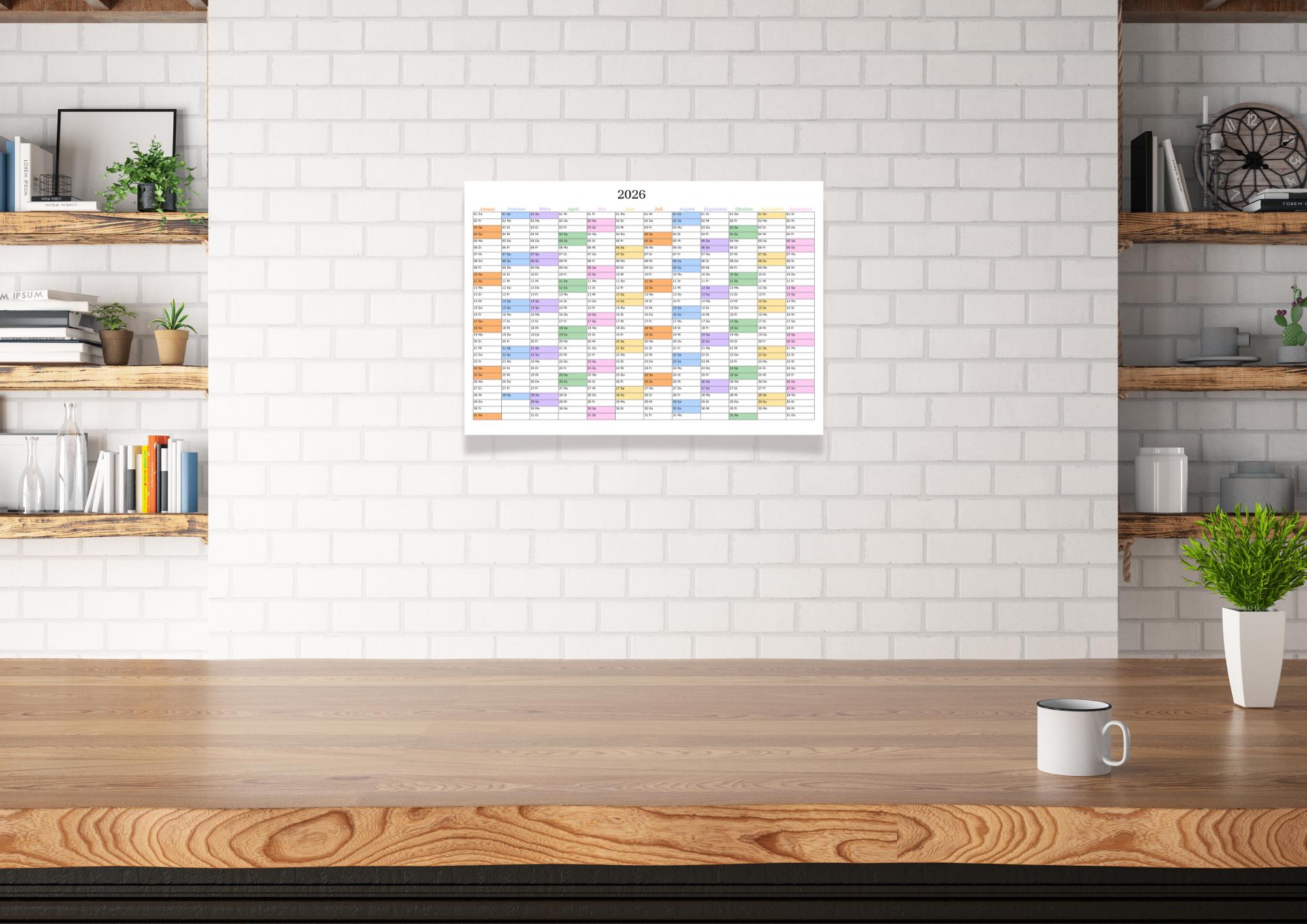 Jahreskalender 2026 zum Ausdrucken | Kalender 2026 Wandkalender A4, A3