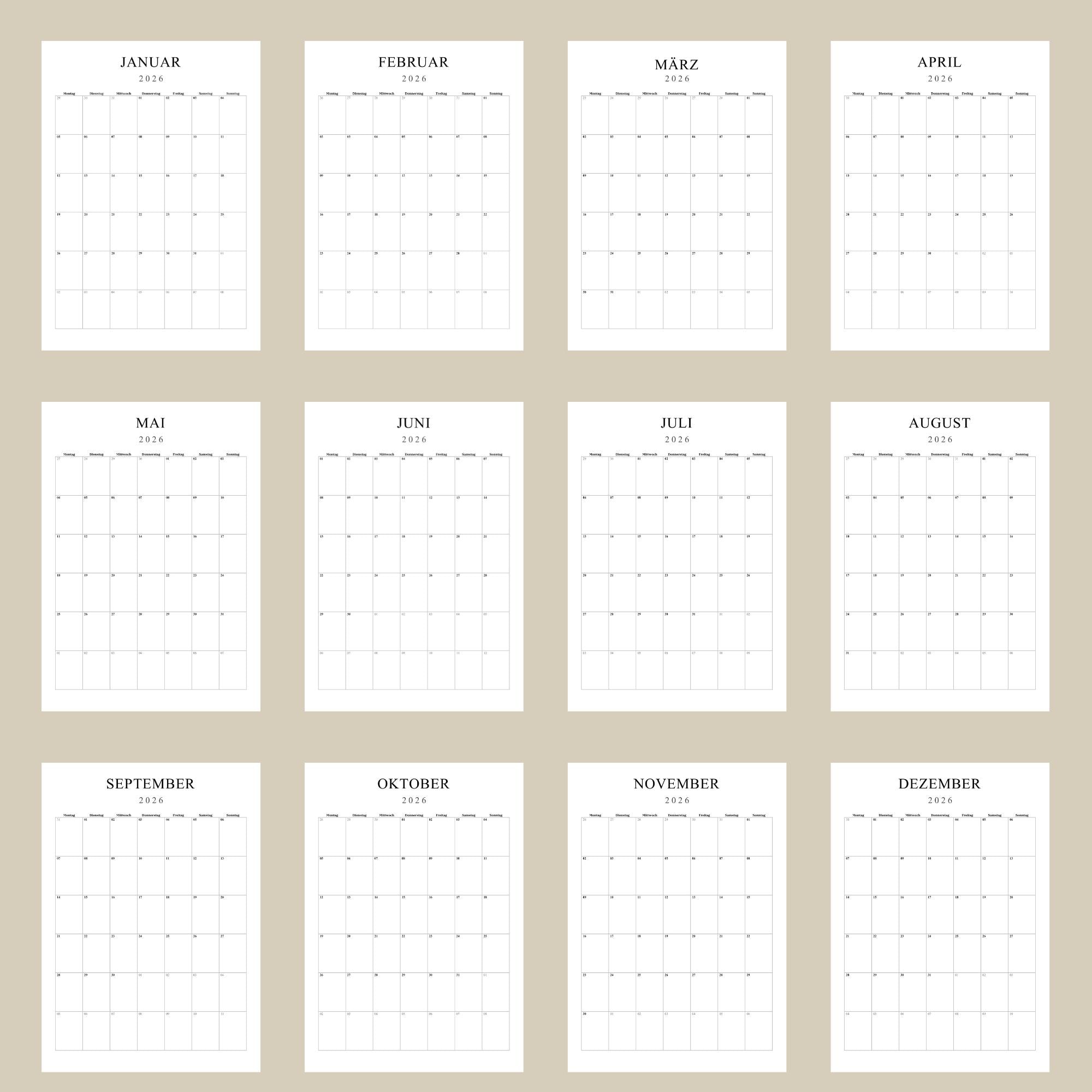 Kalender 2026 zum Ausdrucken – PDF Monatskalender zum Sofort-Download