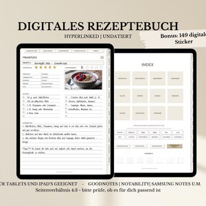 Digital kokbok (tyska) | Digital kokbok | Mall för receptbok | Goodnotes | 12 kategorier | 600+ sidor | 149 klistermärken