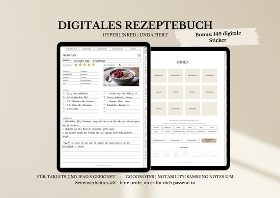 Digitales Rezeptbuch deutsch | Digitales Kochbuch | Rezeptbuch Vorlage |  Goodnotes | 12 Kategorien | 600+ Seiten | 149 Sticker