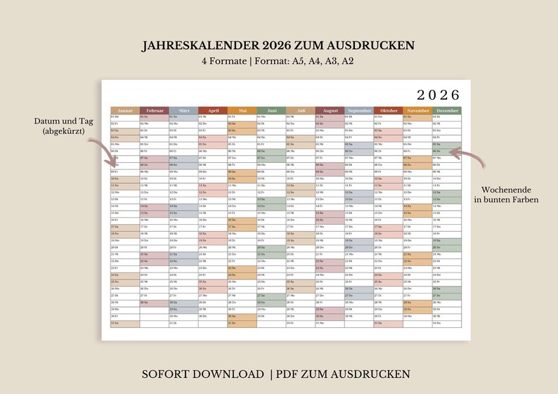 Printable 2026 Calendar | 2026 Wall Calendar (A5, A4, A3, A2