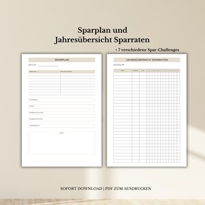 Op de afbeelding: Een printbaar PDF-document met een spaarplan en een jaaroverzicht van de spaarrentes. Het document bevat een sectie voor een spaarplan en een sectie voor een jaaroverzicht van de spaarrentes. Het document is getiteld "Sparplan und Jahres&uuml;bersicht Sparraten + 7 verschiedene Spar-Challenges".