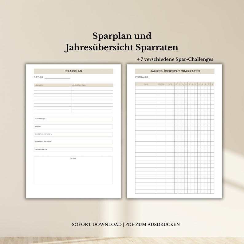 Op de afbeelding: Een printbaar PDF-document met een spaarplan en een jaaroverzicht van de spaarrentes. Het document bevat een sectie voor een spaarplan en een sectie voor een jaaroverzicht van de spaarrentes. Het document is getiteld "Sparplan und Jahres&uuml;bersicht Sparraten + 7 verschiedene Spar-Challenges".
