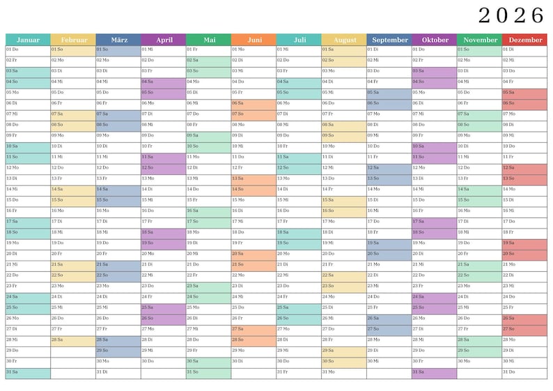 Jahreskalender 2026 zum Ausdrucken | Kalender 2026 Wandkalender A5, A4