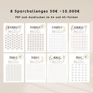 Könnte beinhalten: Acht druckbare Spar-Challenges im A4- und A5-Format. Jedes Blatt zeigt ein anderes Sparziel, von 50€ bis 10.000€. Die Designs beinhalten florale Akzente und ein rasterbasiertes Layout zur Verfolgung der Ersparnisse.