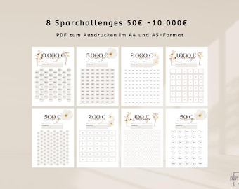 Savings Challenge Set – Save €10,000, €2,000, €1,000 and more | A4 and A5 PDFs as digital downloads | Print and save money, German