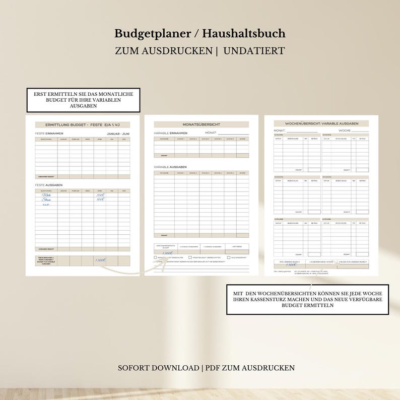 Op de afbeelding: Een printbare budgetplanner en huishoudboek in het Duits. Het document bevat secties voor maandelijkse inkomsten en uitgaven, evenals wekelijkse variabele uitgaven. De tekst luidt "Budgetplaner / Haushaltsbuch Zum Ausdrucken | Undatiert" en "Sofort Download | PDF Zum Ausdrucken".