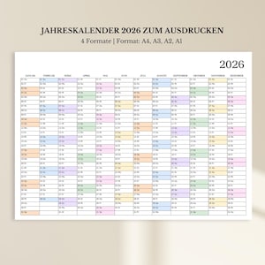 Jahreskalender 2026 zum Ausdrucken | Wandkalender A4, A3, A2, A1 Querformat | Deutsch Jahresplaner 2026 in Pastellfarben