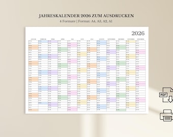 Printable 2026 calendar | Wall calendar A4, A3, A2, A1 landscape format | German 2026 planner in pastel colors