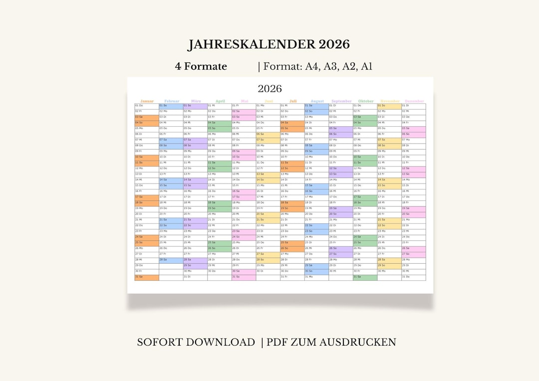 Jahreskalender 2026 zum Ausdrucken | Kalender 2026 Wandkalender A4, A3